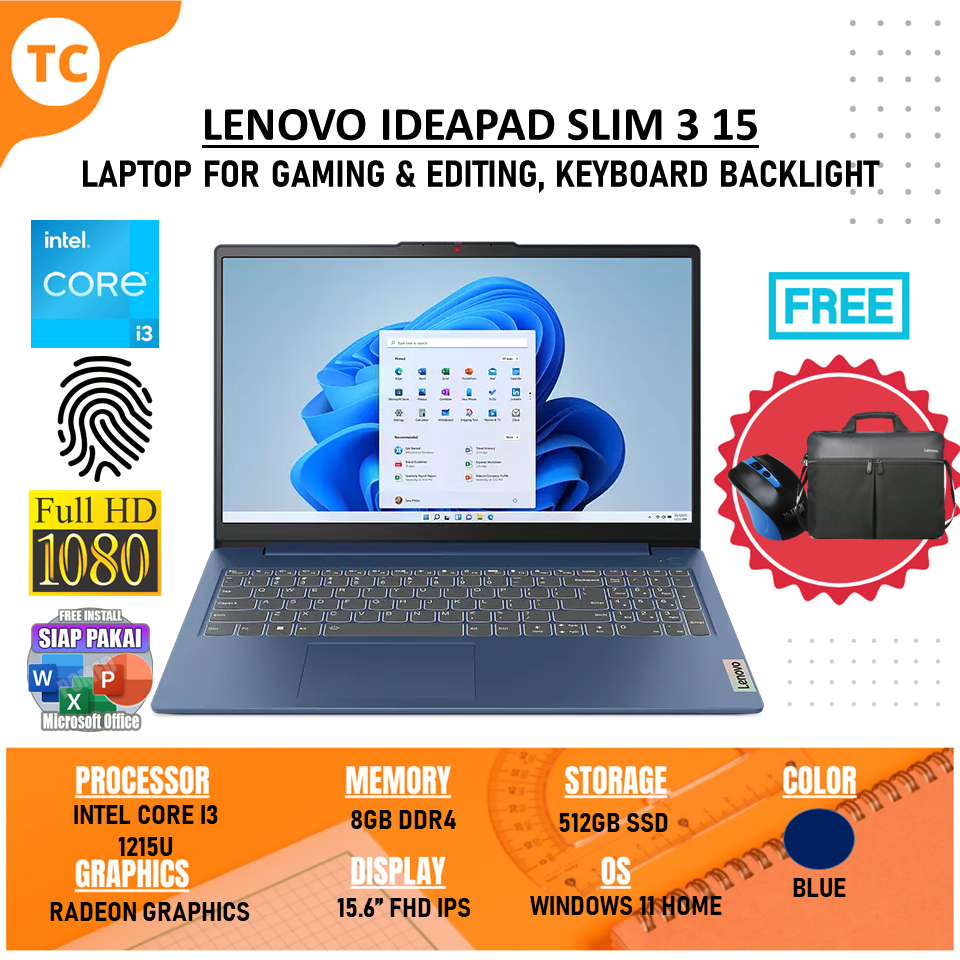 Laptop Baru Lenovo Ideapad SLIM 3 15 Core i3 1215U 8GB 512GB SSD FHD Keyboard Backlight Windows 11 Home