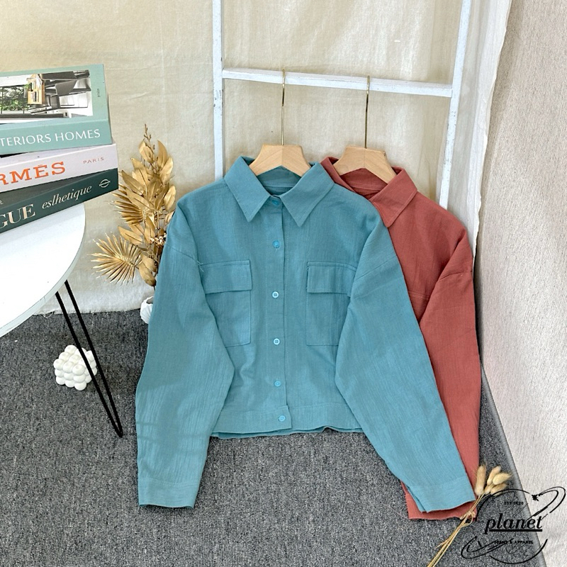 CROP TOP KEMEJA CROP LINEN WANITA ATASAN LENGAN PANJANG KEMEJA CROP POLOS LENGAN BALON HITAM KREM CO