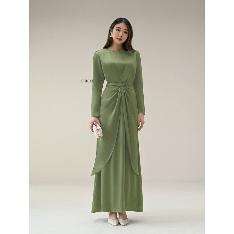 TERBARU -  ELEA DRESS OLIVE NEW COLLECTION MATERIAL PREMIUM SATIN SILKY KELILING GRADE A