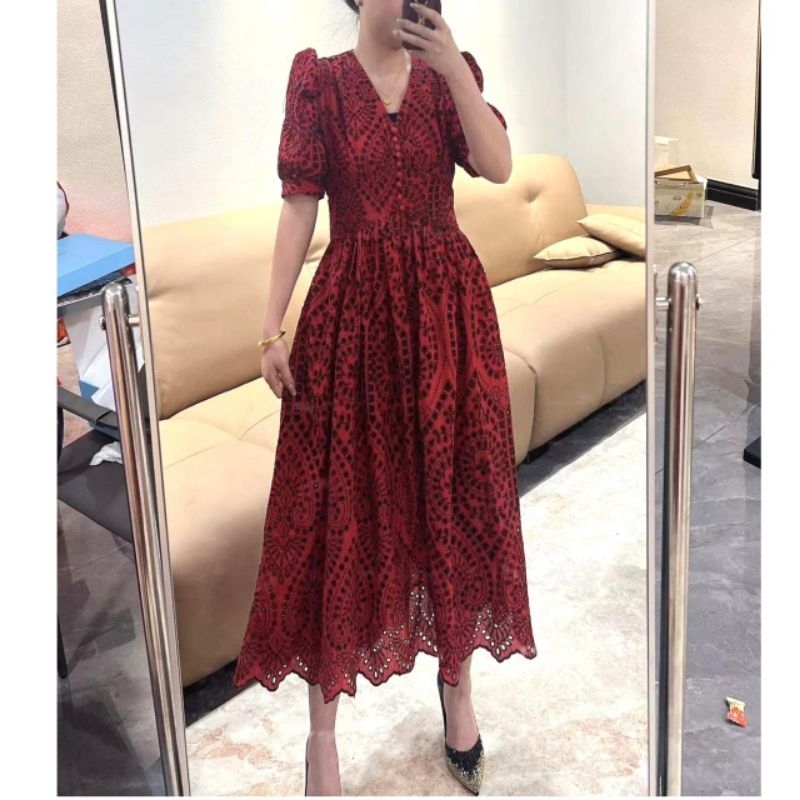 51200 Baju Mididress CARMINNA EMBROIDERED LACE VNECK katun bolong katbol lengan pendek Baloon dres K
