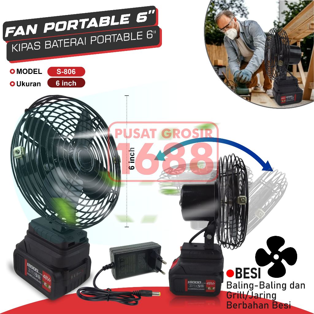 Kipas Angin Besi 6" inch Fan Portable Baterai