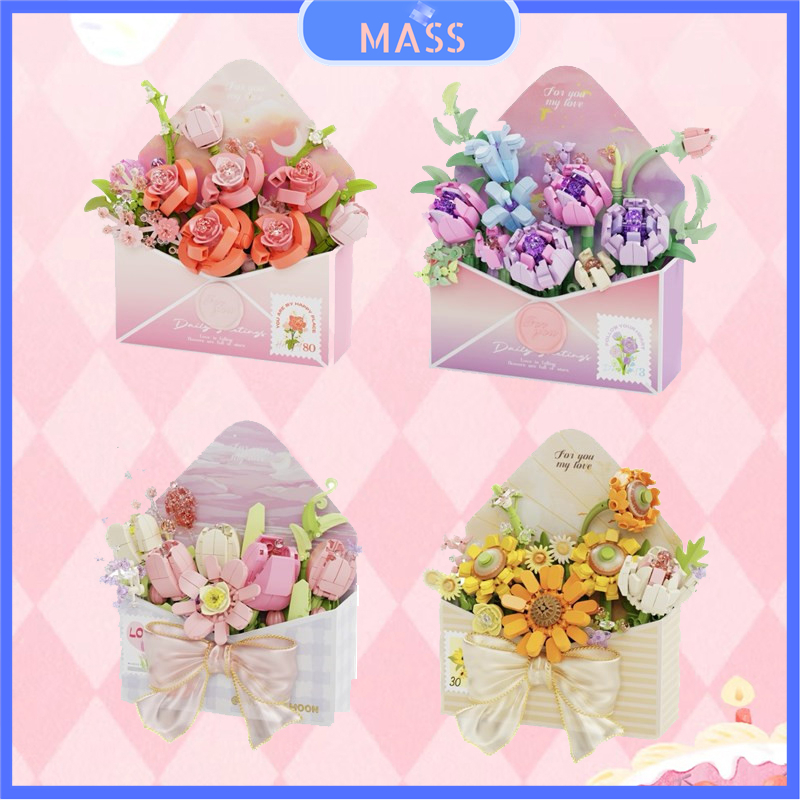 Mass Toys Buket Amplop Romantis Mawar Brick Bricks Bunga Seri Surat Cinta Blok Bangunan Bunga Mainan