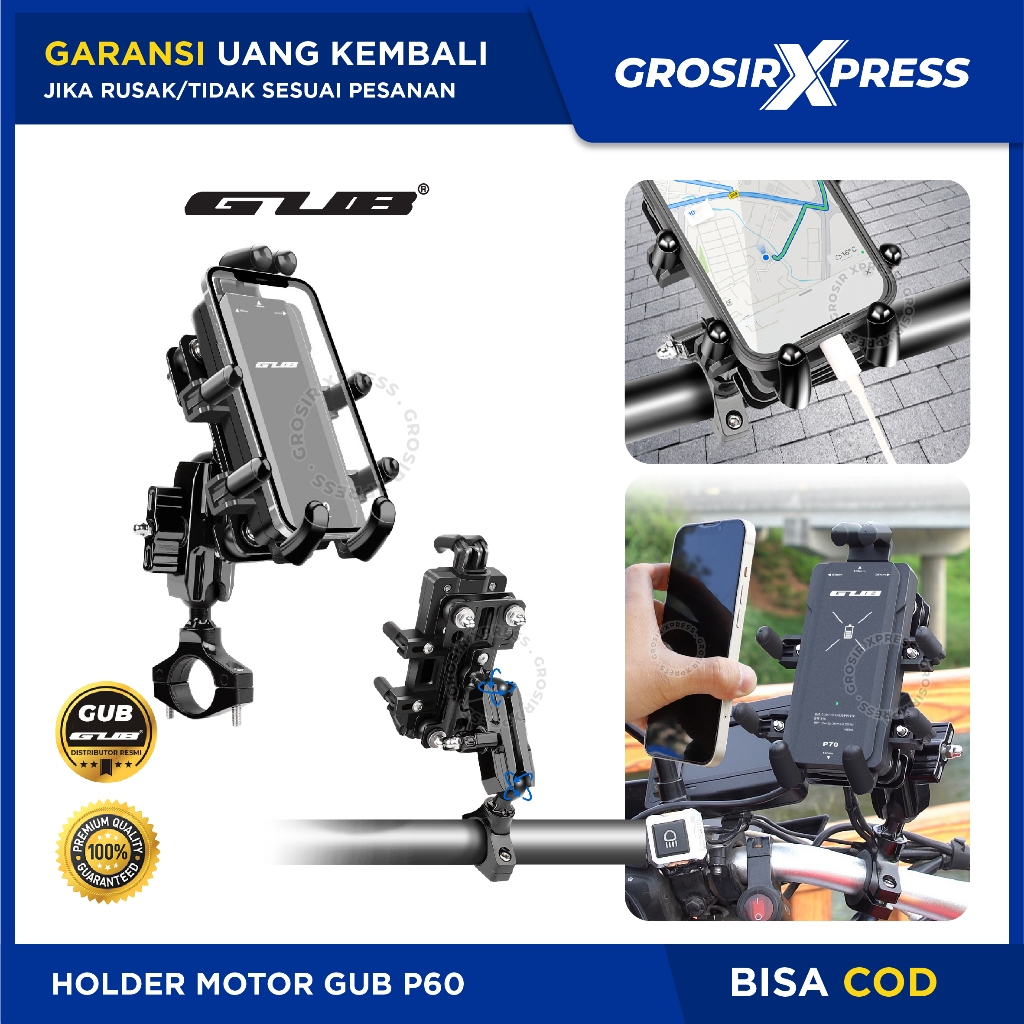 GUB P60 Holder Hp Motor Besar Bahan Besi Alumunium Kokoh Phone Holder Hanphone Jepit Stang Moge Anti
