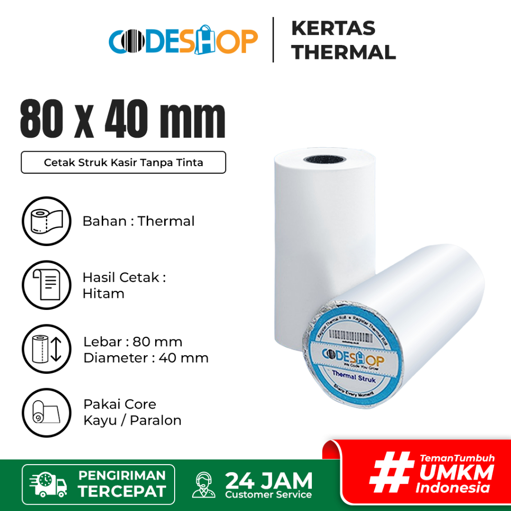 

Kertas Thermal Codeshop 80x40 mm - Struk Kasir Printer Bluetooth 80mm