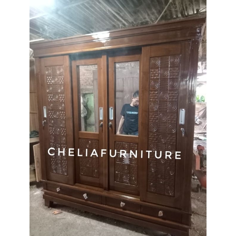 Lemari Sliding Pintu Geser/Buka Tutup 4 Pintu Kayu Jati