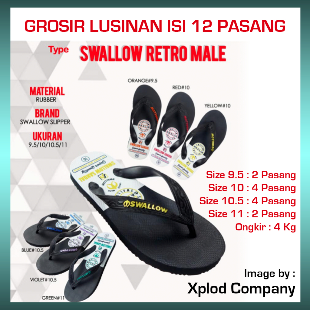 (12 Pasang) Grosir Lusinan Sandal Swallow Retro Male Ukuran Seri 9.5 – 11 Swallow Grosiran