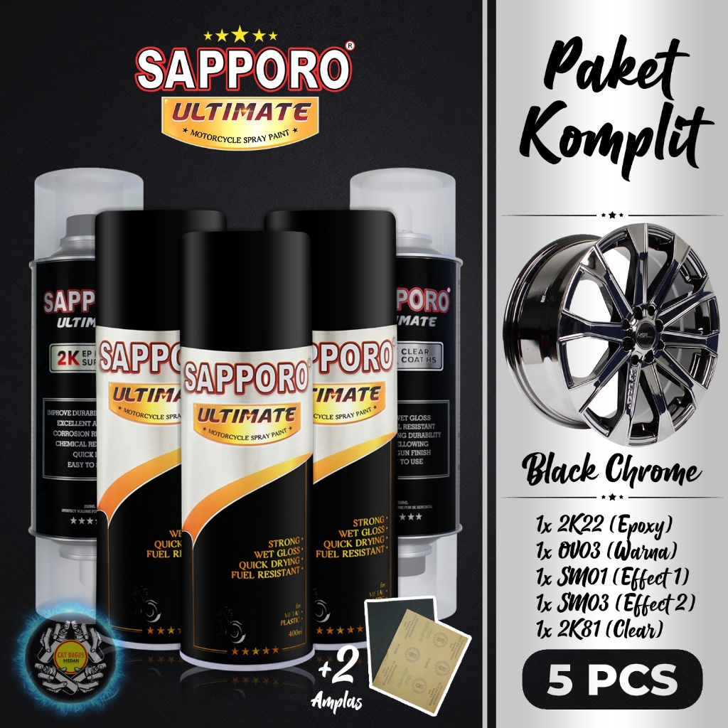 PAKET SAPPORO ULTIMATE BLACK CHROME CAT SEMPROT 400 ML CAT MOTOR AEROSOL PYLOX HITAM KROM CROM CROME