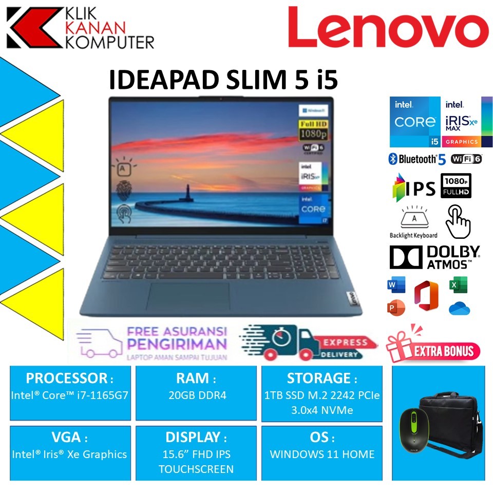 Laptop Lenovo Ideapad Slim 5 15 Touchscreen Abyss Blue Intel Core i7 1165G7 RAM 20GB 1TB SSD 15.6 Inch Full HD IPS Backlight Fingerprint Windows 11 Home Original