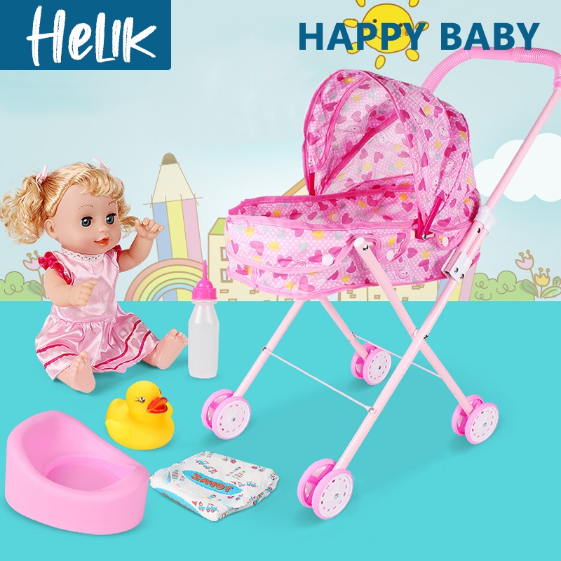 Mainan Boneka Bayi Stroller Boneka Troli Anak Kereta Dorong Set