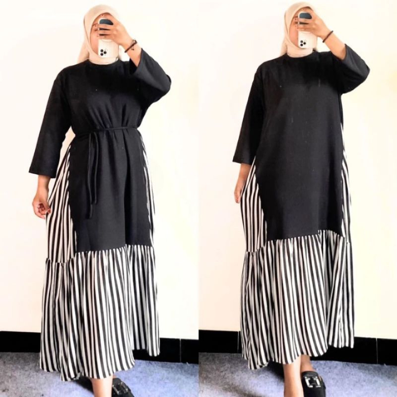 Midi Dress Knit Mix Rayon Salur Premium - Gamis Midi Dress Kekinian - Gamis bahan Knit Mix Rayon Sal