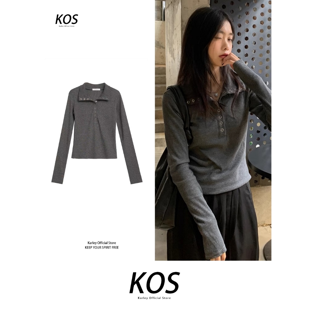Atasan Kerah Kancing Rajutan/Kaos Lengan Panjang Premium Rajutan/Baju Wanita Korea Style Polos Vinta