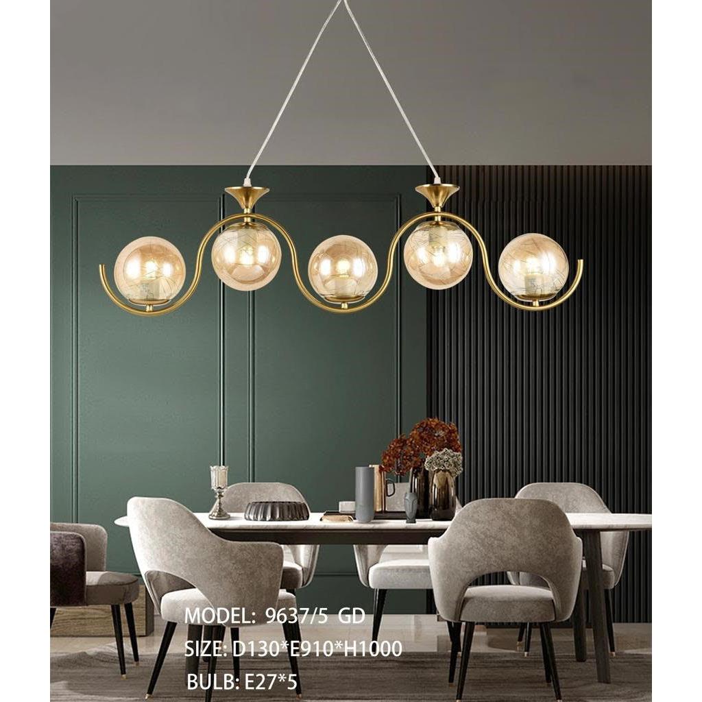 Lampu Gantung Island Chandelier Glass 5 Ball Modern Gold 9637 Bola Luxury Mini bar Hias
