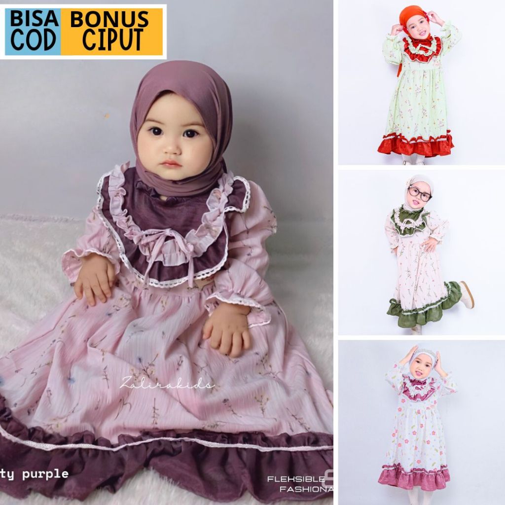Zalira Kids Original Flora series Gamis Lebaran Anak Perempuan 2024| Dress Anak set Jilbab Terbaru Motif Bunga Cantik Lembut Nyaman Baju Setelan Muslim Syari