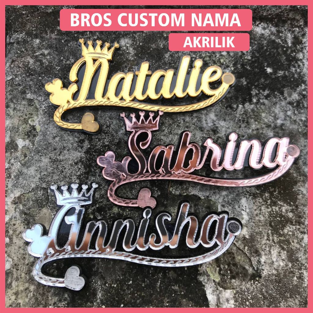 BROS CUSTOM NAMA AKRILIK Model Mahkota dan Love | Bros Jilbab Nama Guru | Bross Hijab Nama Sendiri A