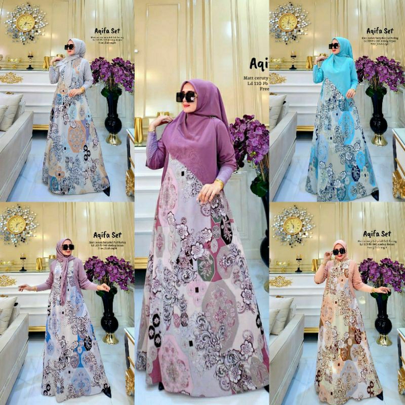 READY GAMIS DRESS AQIFA SET SETELAN JILBAB SEGIEMPAT BAHAN CERUTY BABYDOLL LEBARAN TERBARU
