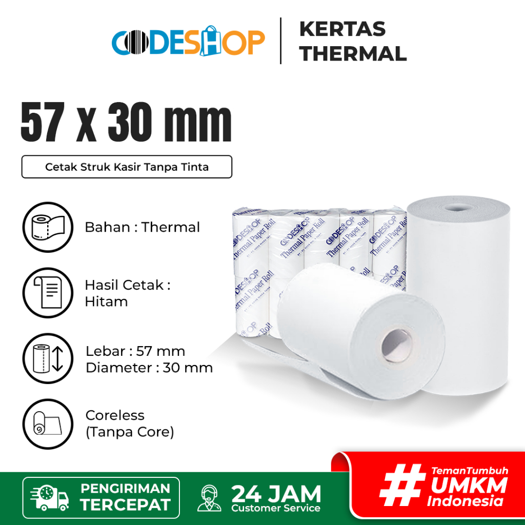

Slop Codeshop Kertas Kasir Thermal 57 x 30 mm Cetak Struk Minimarket
