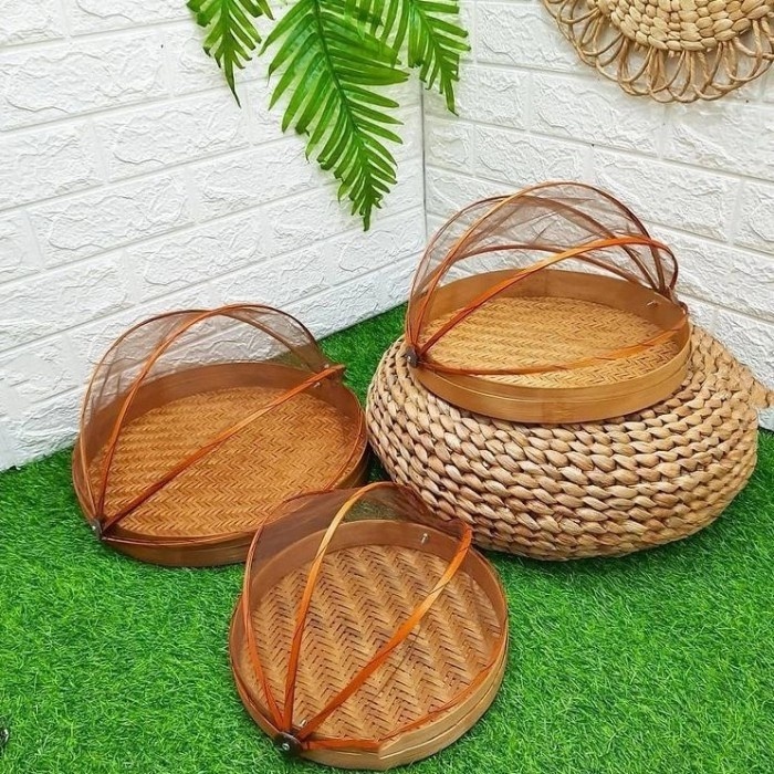 [akhi.id] Sett Saji Bambu isi 3pcs Bulat / Set saji Tradisional Anyaman Bambu / Tempat Gorengan jaja