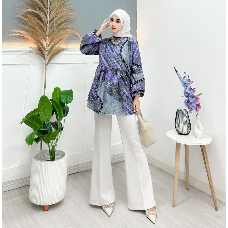 Blus Batik Wanita Motif Modern Kekinian Blus Kantor Atasan Batik Wanita Motif Baron Ungu