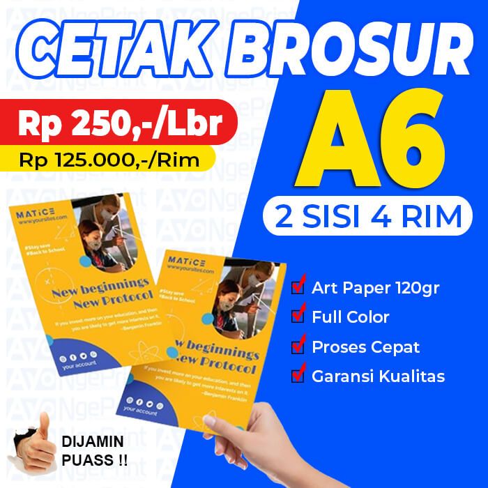 

Cetak Print Flyer Brosur A6 (2 Sisi ) 4 rim / 2.000 lbr | Art Paper 120 gr Custom Murah !