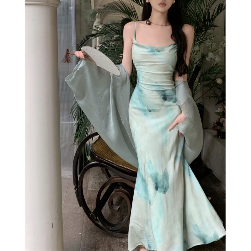 Paling DICARI Hijau Sage Green Dress Korean Style Vintage Bunga Bunga Jumbo Baju Pantai Long Dress