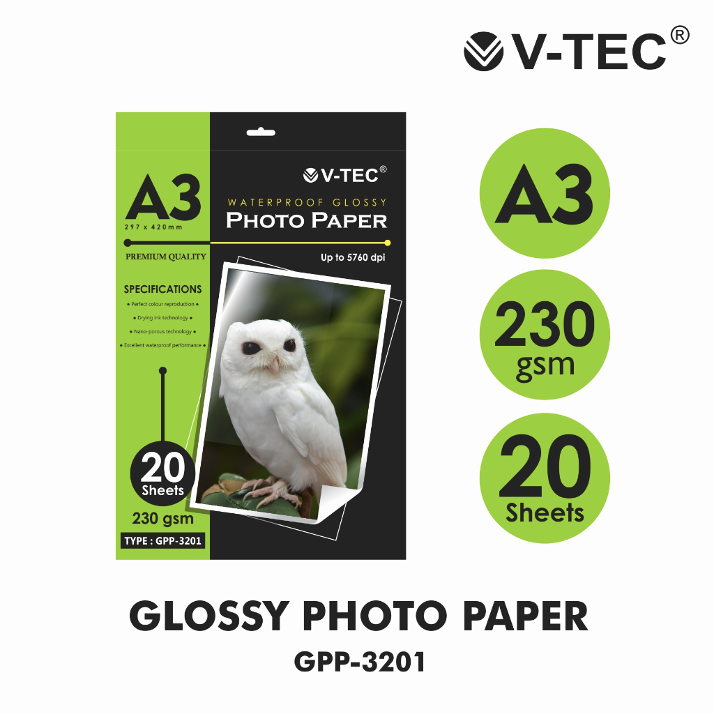 

VTEC Kertas Foto V-TEC Photo Paper Glossy A3 230 gsm 20 sheets