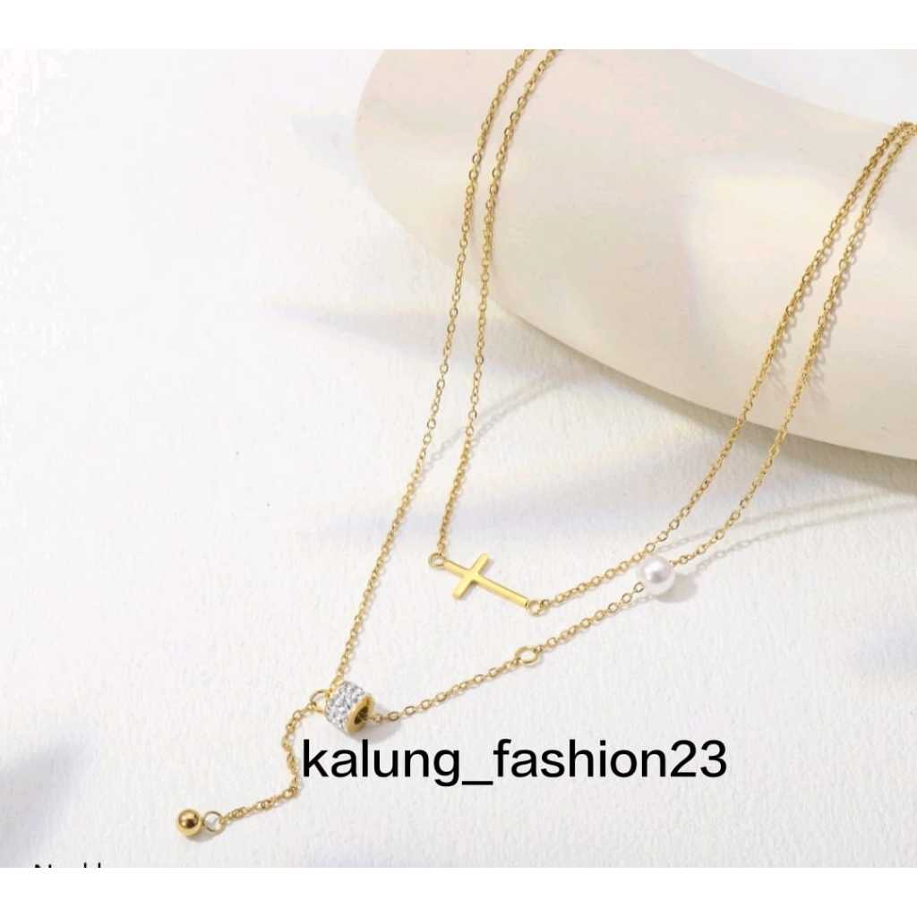 Kalung Titanium Salib Permata Perhiasan Fashion kalung salib model huruf T model miring