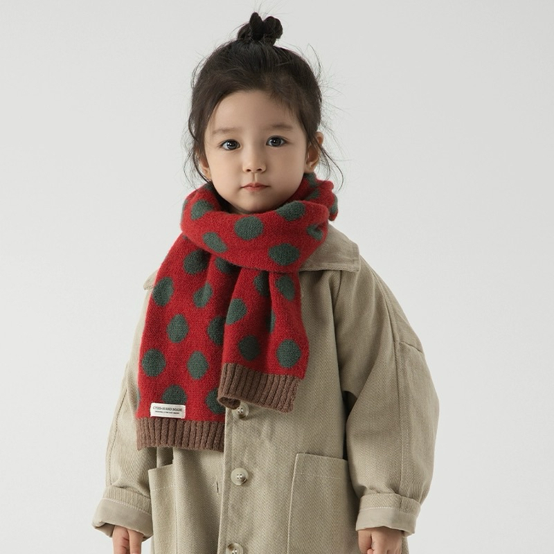W004 Mustard & Maroon Polka Kids Cute Winter Outfit Soft Knitted Scarf Syal Anak Shawl