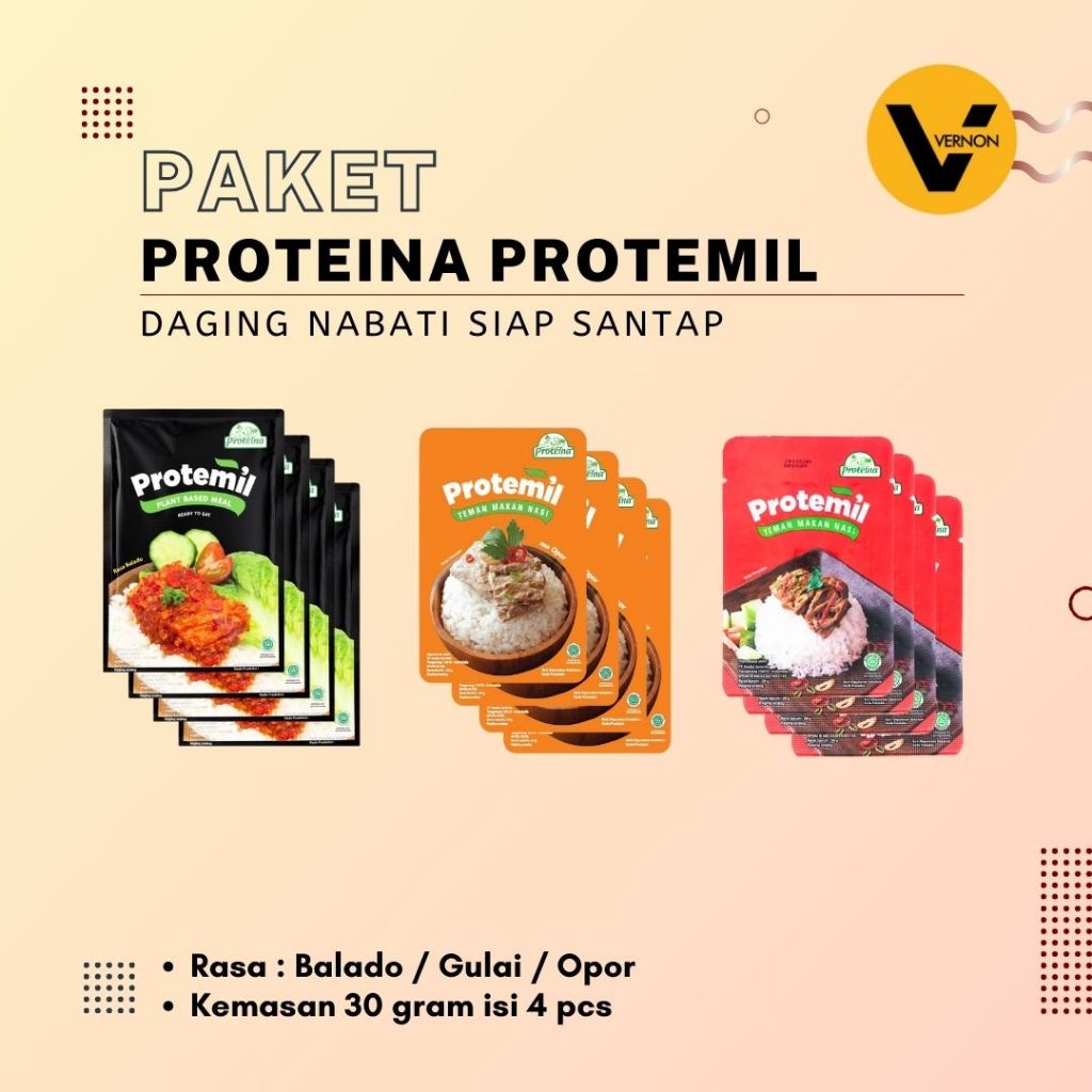 

Paket Protemil Daging Nabati Rasa Balado/Gulai/Opor 30 Gram Isi 4 Pcs