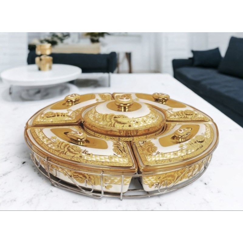 Prasmanan Penganan dengan Roda Pemutar CRH14 Motif Gemini VICENZA vol 800ml + 4x 450ml wadah penyimp