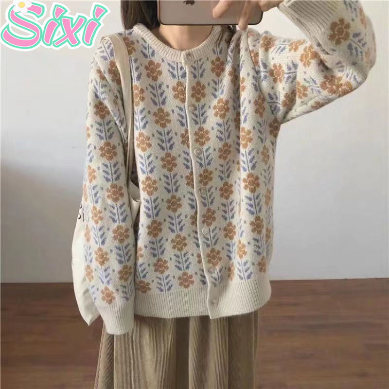 SIXI Cardigan Knit Cardigan Rajut Outer Motif Bunga Knit Sweater Rajut Wanita