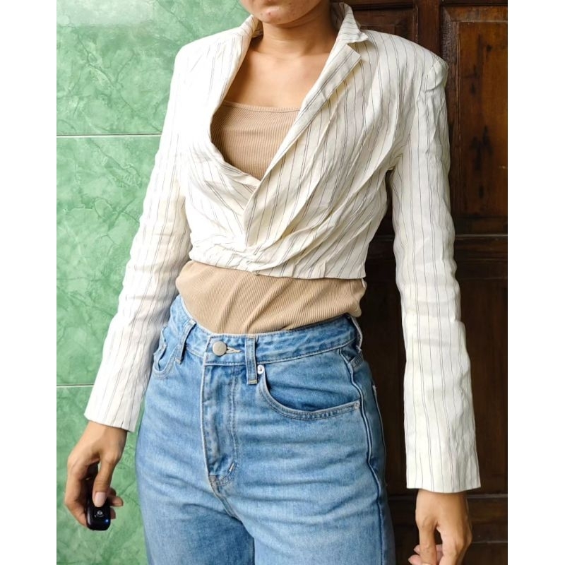 Pr el ov ed P❤️ Mantan Bukan Baru SL10 Zara blazer jas putih tulang broken white katun size kecil XS