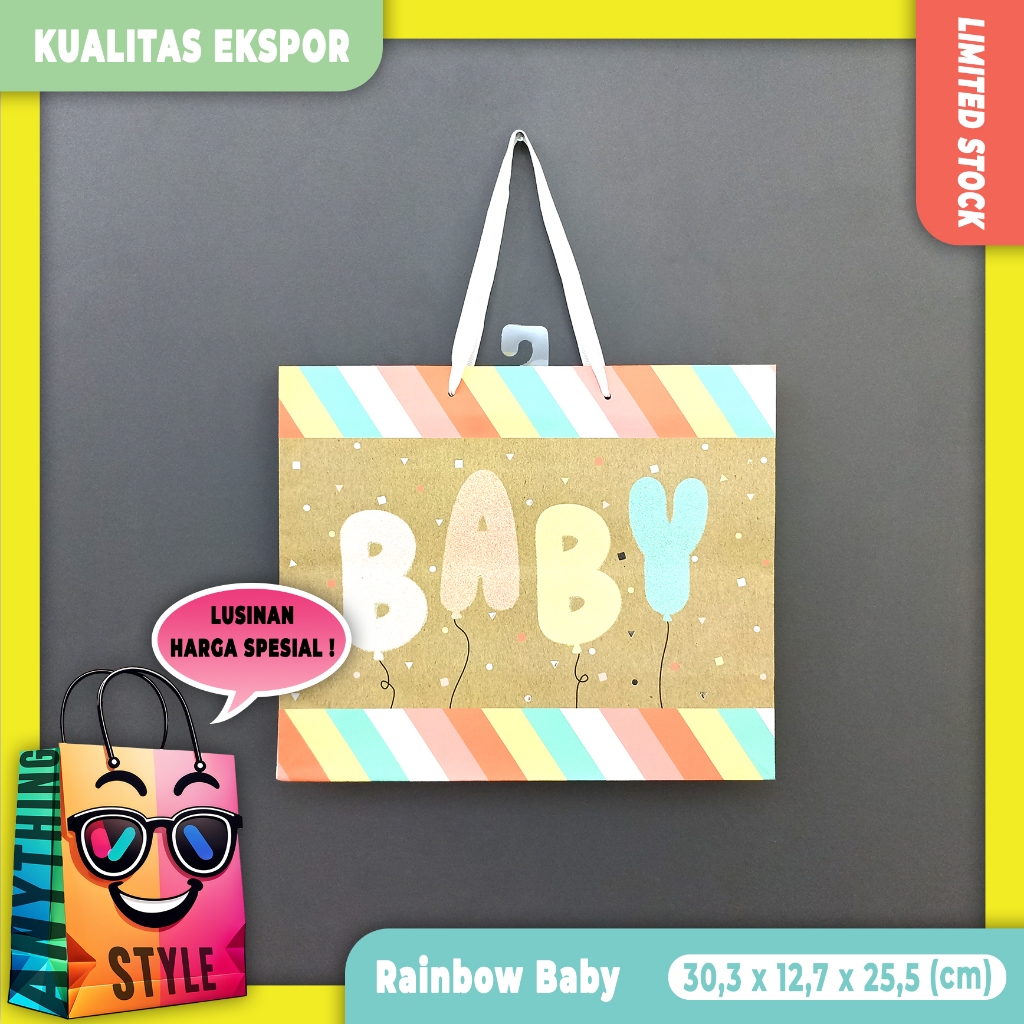 

[ Lusinan ] Paper Bag / Tas Kertas Motif Lucu Imut Bentuk Balon BABY Glitter Kualitas Ekspor untuk Syukuran Kelahiran Bayi | Souvenir | Kado