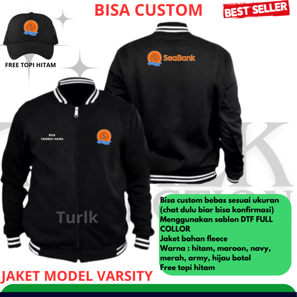 Jaket Seabank jaket Varsity Bank Seabank Free topi Hitam