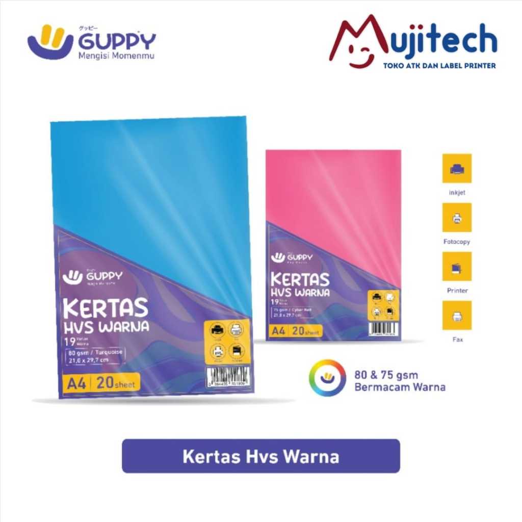 

KERTAS HVS WARNA WARNI A4 80 GRAM 75 GSM COLOR PAPER 20 LEMBAR GUPPY