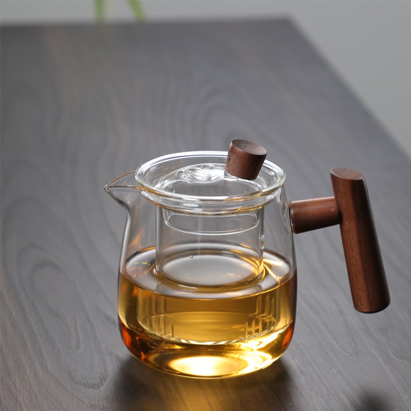 Teko Pitcher Kaca Aesthetic Gagang Kayu Masak Air Teh Dengan Saringan Filter Teapot Maker