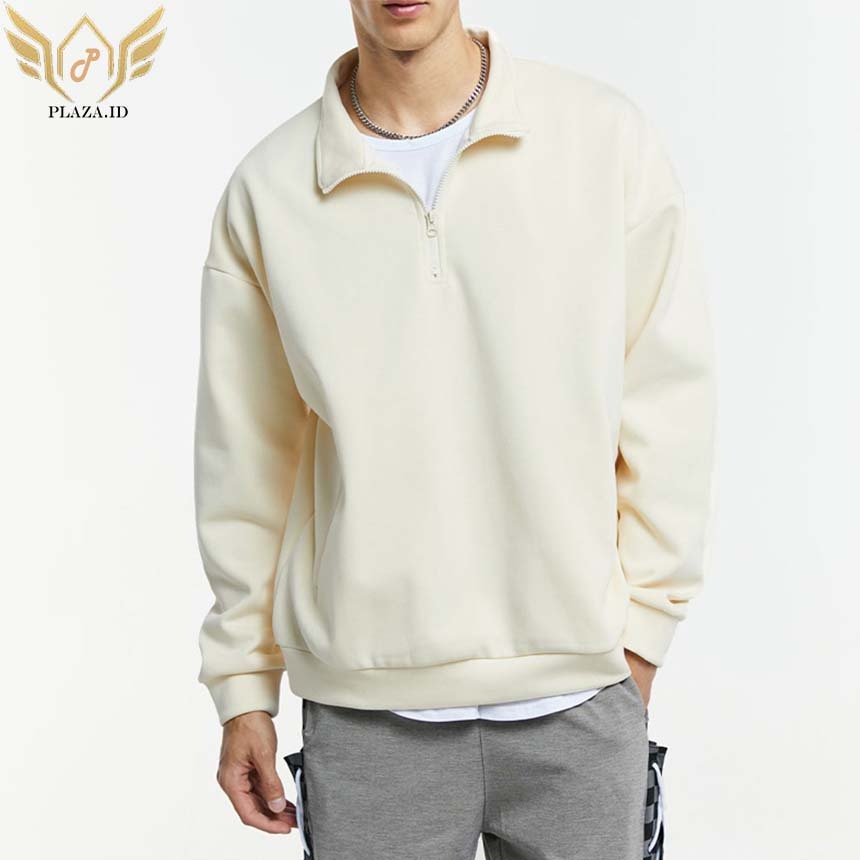 Half Zip Sweater Jaket Sweater Kerah Kombinasi CREAM Oversize S-6XL