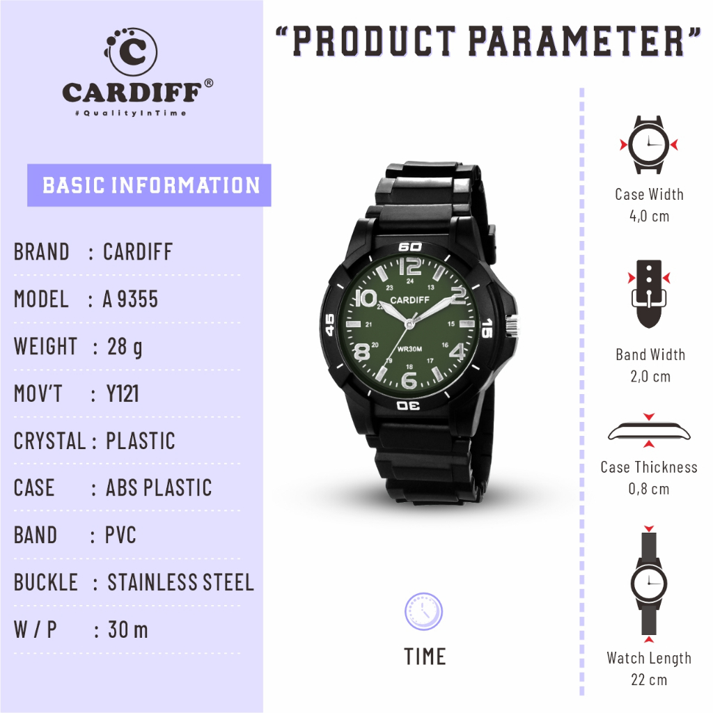 CARDIFF Jam Tangan Analog Karet 9355 (Tanpa Tanggal) Tahan Air | 3ATM