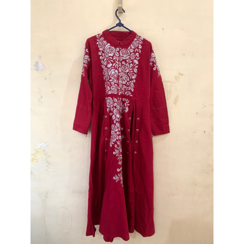 Preloved gamis katun bordir/gamis motif bordir/gamis katun/gamis merah/gamis muslimah/gamis lebaran
