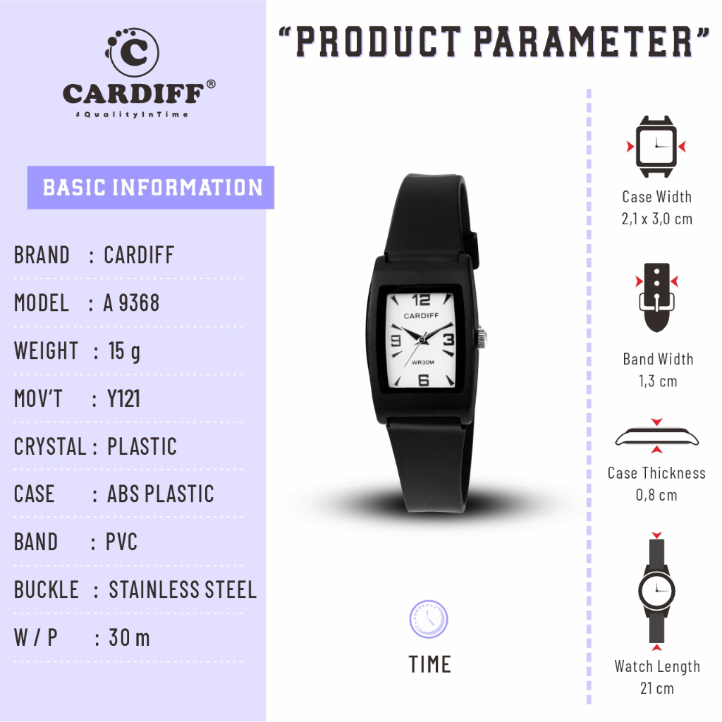 CARDIFF Jam Tangan Analog Karet 9368 (Tanpa Tanggal) | Tahan Air | 3ATM