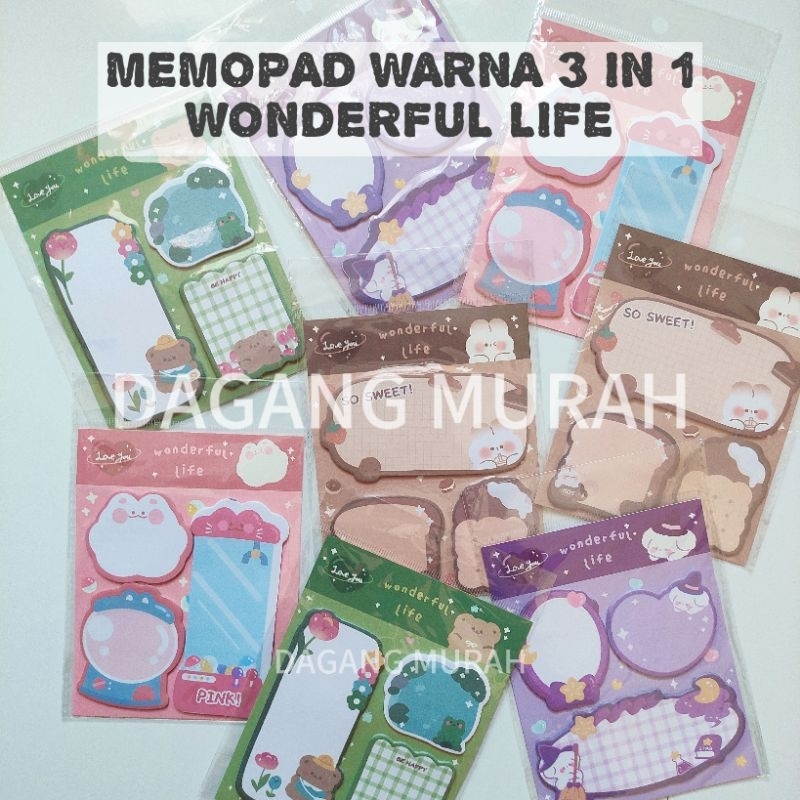 

(1 PCS) MEMOPAD WARNA 3 IN 1 WONDERFUL LIFE STICKY NOTES SET BERMOTIF