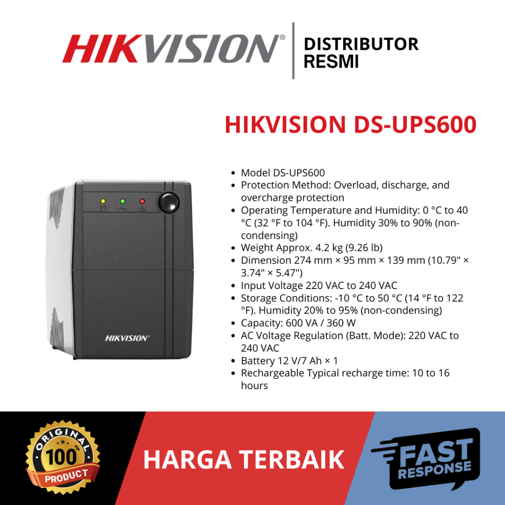 HIKVISION DS-UPS600 600VA 360W UNINTERRUPTIBLE POWER SUPPLY UPS CCTV