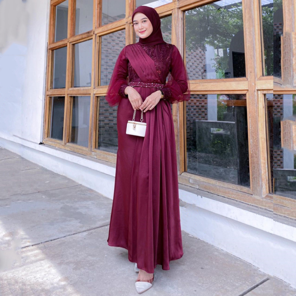 READY - ASF - Dress Kondangan Gamis Brukat Maxi Dress Adeeva Auliya Lengan Panjang Baju Kondangan Wa