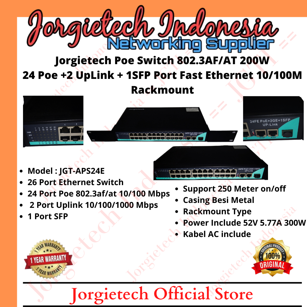 Jorgietech JGT-APS24E Smart Switch Poe+ Poe 300 Watt 10/100Mbps 26 Port with 24 FE POE 2 GE Uplink 1
