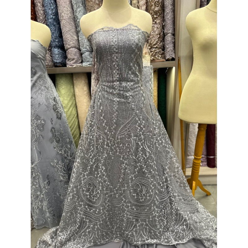 Bahan kain tile brokat bordir spangle mewah abu / bahan kebaya tunik