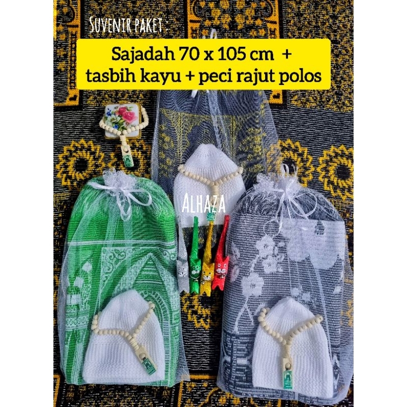 Termurah Souvenir sajadah jumbo tebal, peci rajut polos dan tasbih kayu