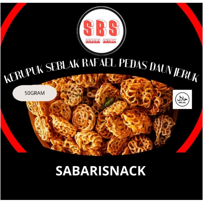 

SABARISNACK 50GRAM CEMILAN SNACK KERUPUK SEBLAK RAFAEL PEDAS DAUN JERUK MANTAP