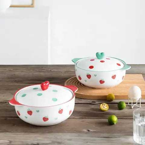 Mangkok Saji Keramik Bulat Besar Diameter 25cm Dengan Tutup Ada Pegangan Tutup Mangkok Love Motif St