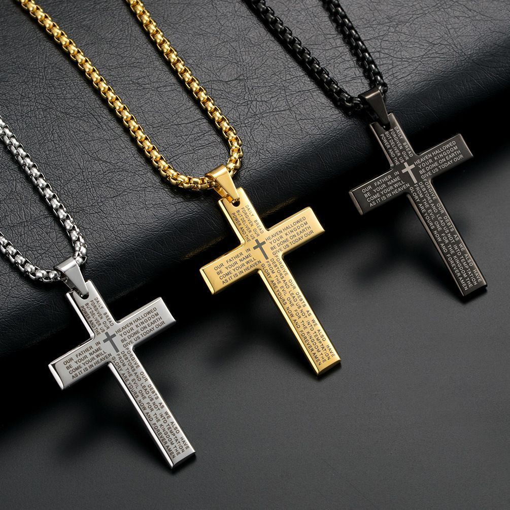 Kalung Salib Pria Titanium / Kalung Salib Doa Bapa Kami