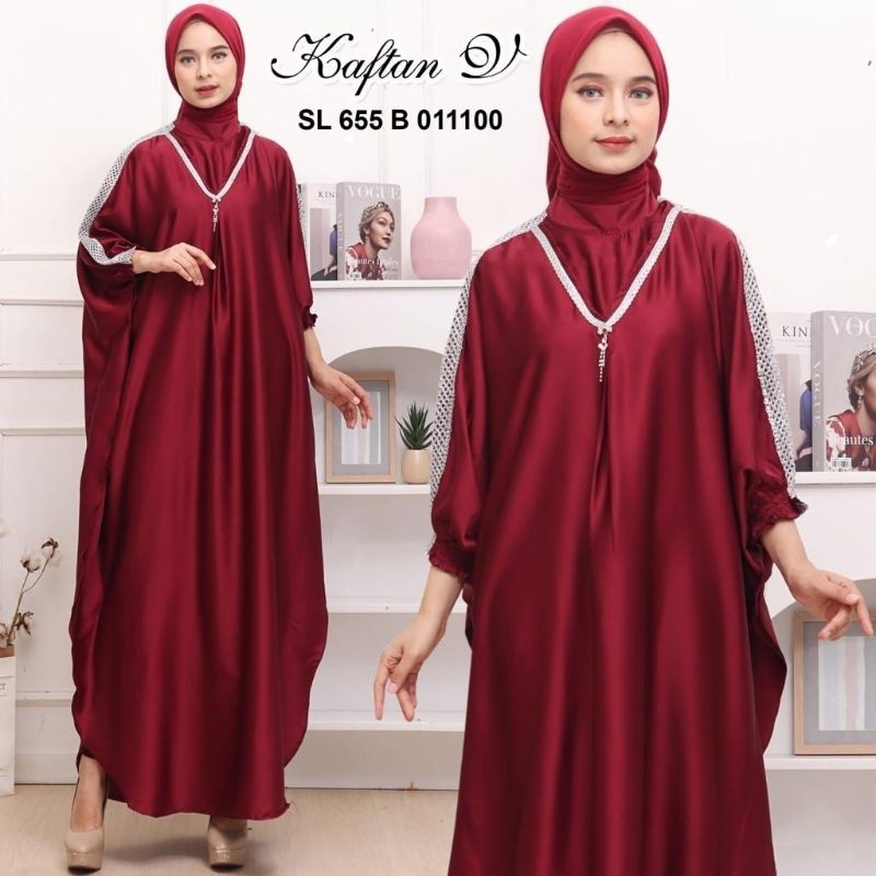 Kaftan warna merah marun maroon gamis wanita muslimah jumbo polos bahan Armany silk import mix renda