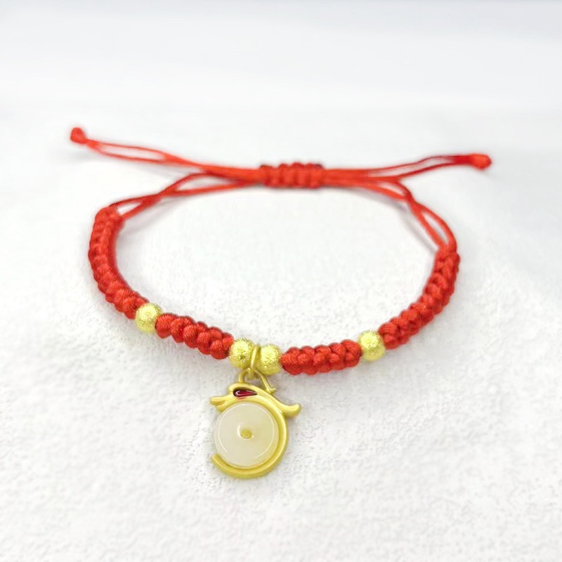 COD❤️Gelang Tali Emas Liontin Gragon Cina Fashion Tahun Naga Gelang Kalsedon Naga Putih Gelang Tali 